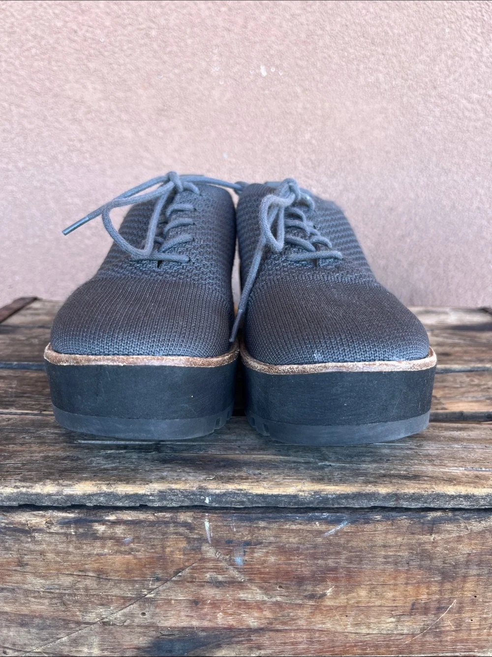 Eileen Fisher Eddy 2 stretch - knit platform oxford chunky black wedge sole